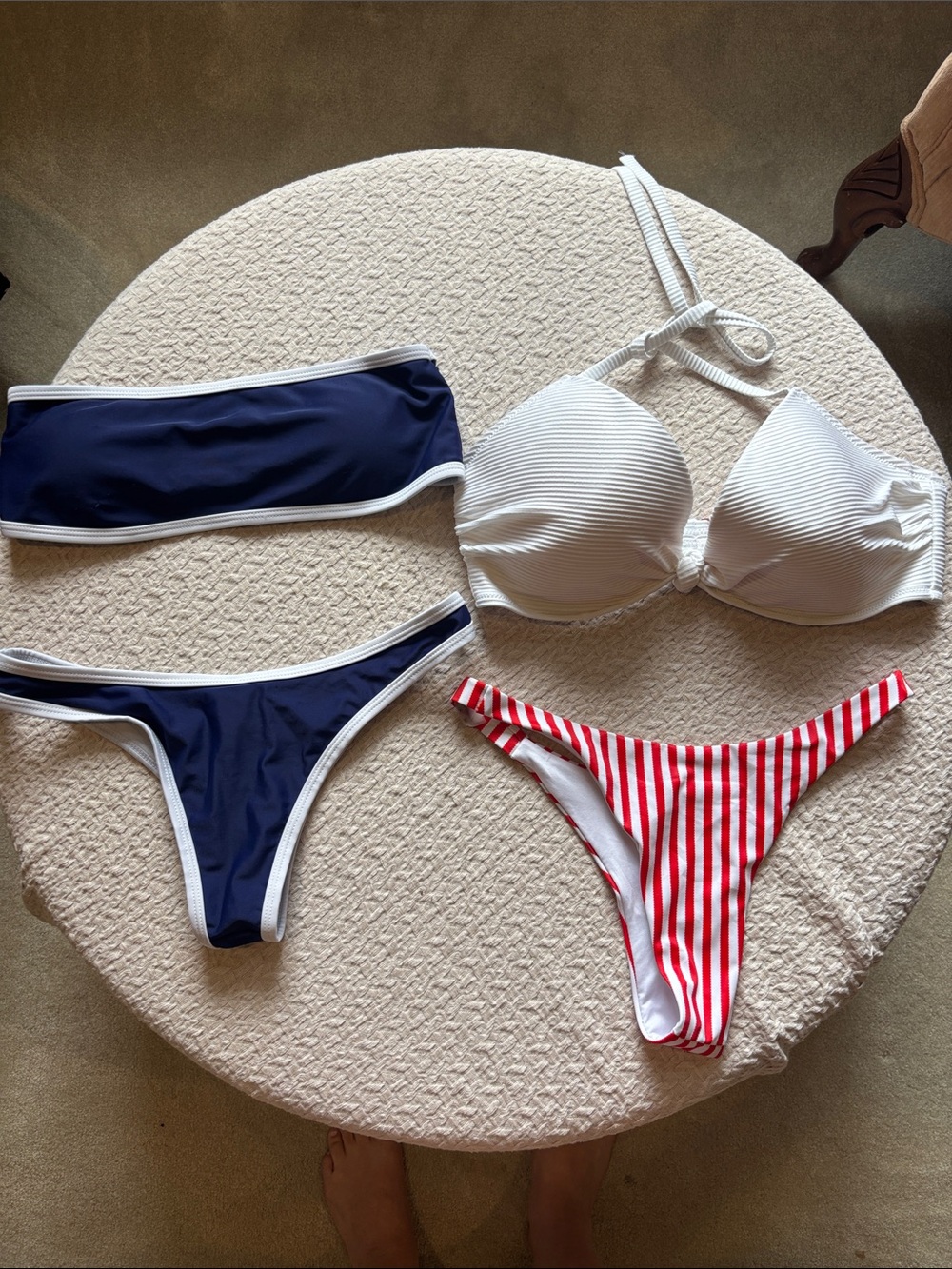 Navy Trim Bikini and White and Red Bikini